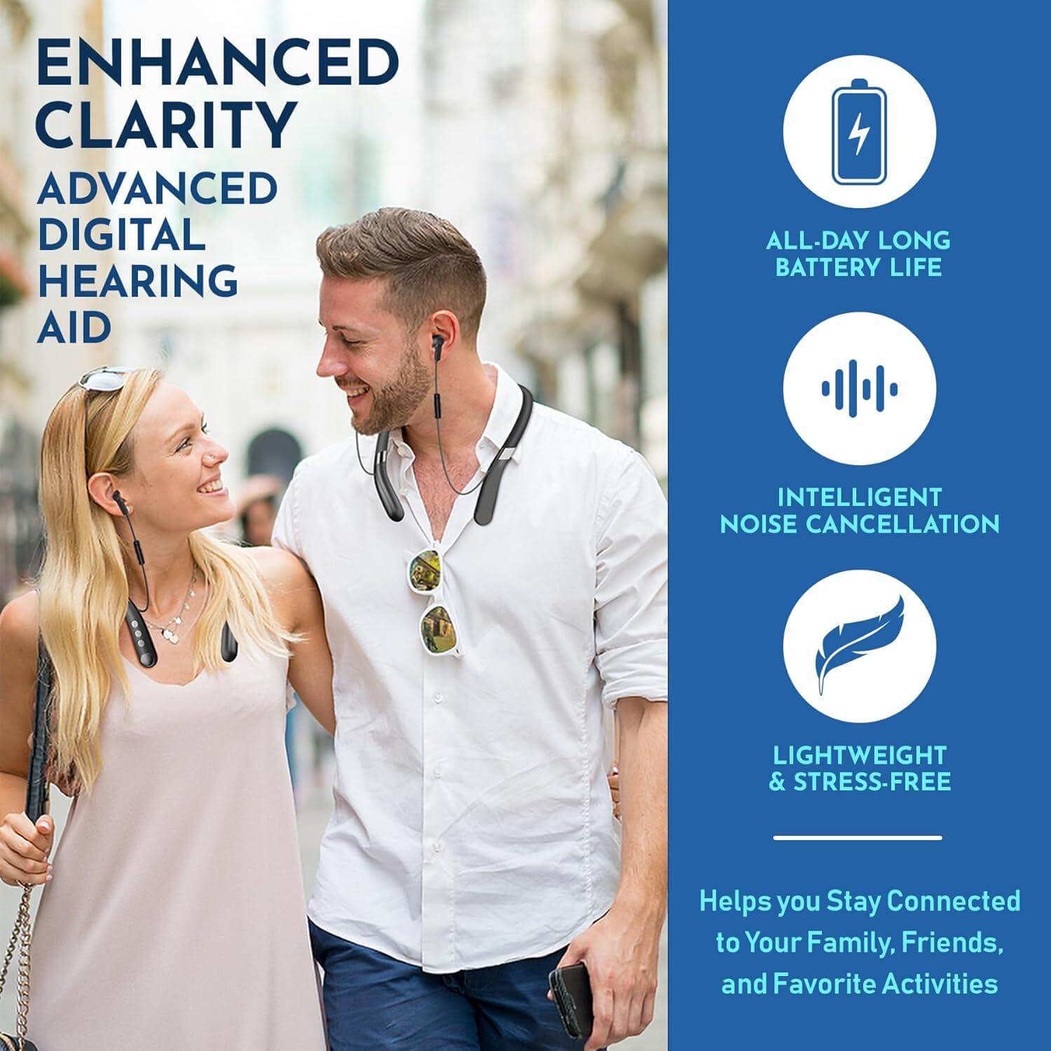 Rechargeable Bluetooth Personal Sound Amplifier - Wireless Hands-Free Neckband w/ Noise Reduction, for Listening & Watching TV, for Seniors & Adults
