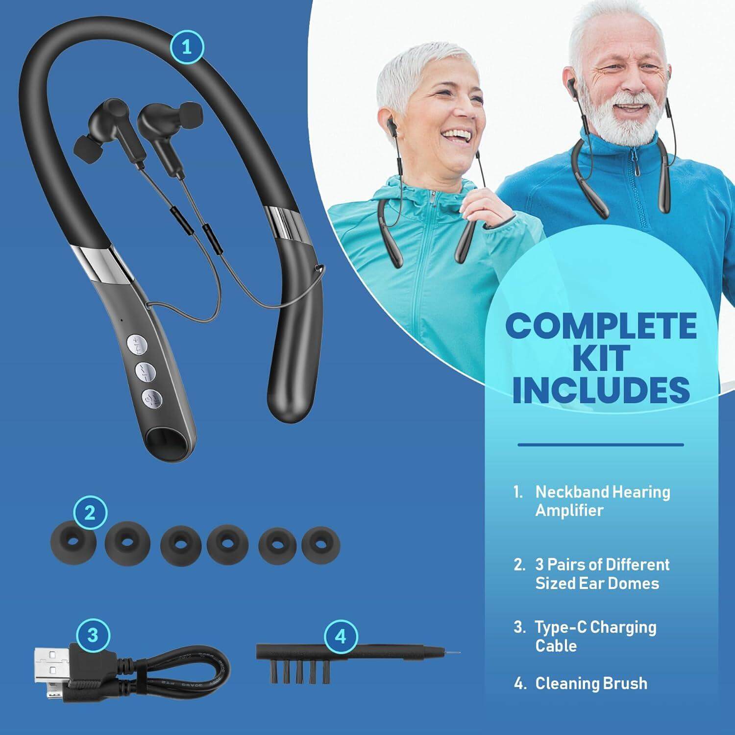Rechargeable Bluetooth Personal Sound Amplifier - Wireless Hands-Free Neckband w/ Noise Reduction, for Listening & Watching TV, for Seniors & Adults