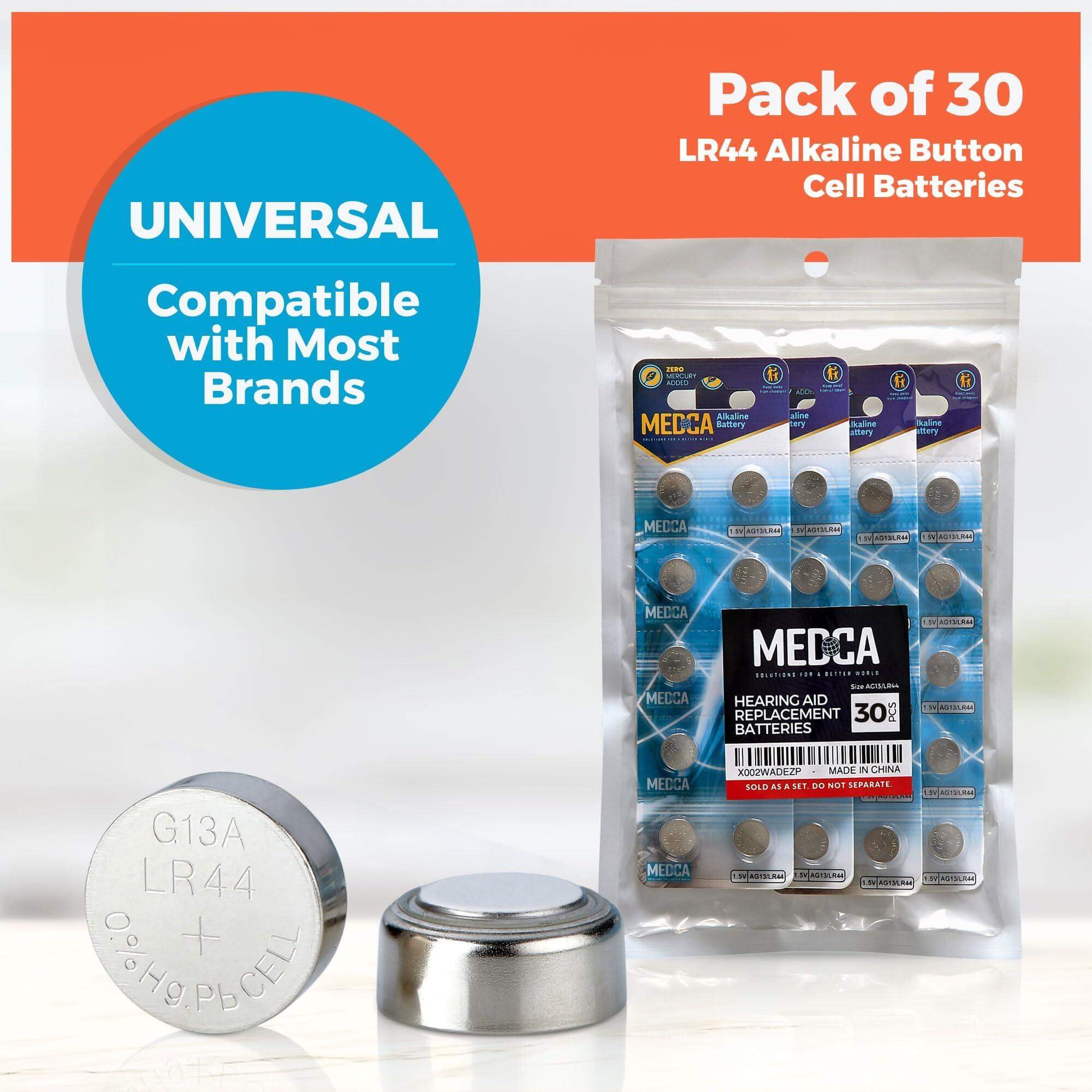 MEDca 1.5V Alkaline Batteries - LR44 L1154 AG13 357 303 SR44 Battery - Button Coin Cell for Hearing Aids and Amplifiers, Toys, Remotes, Calculators, Lasers | Long Lasting Power | Anti Corrosion | 30 PCS