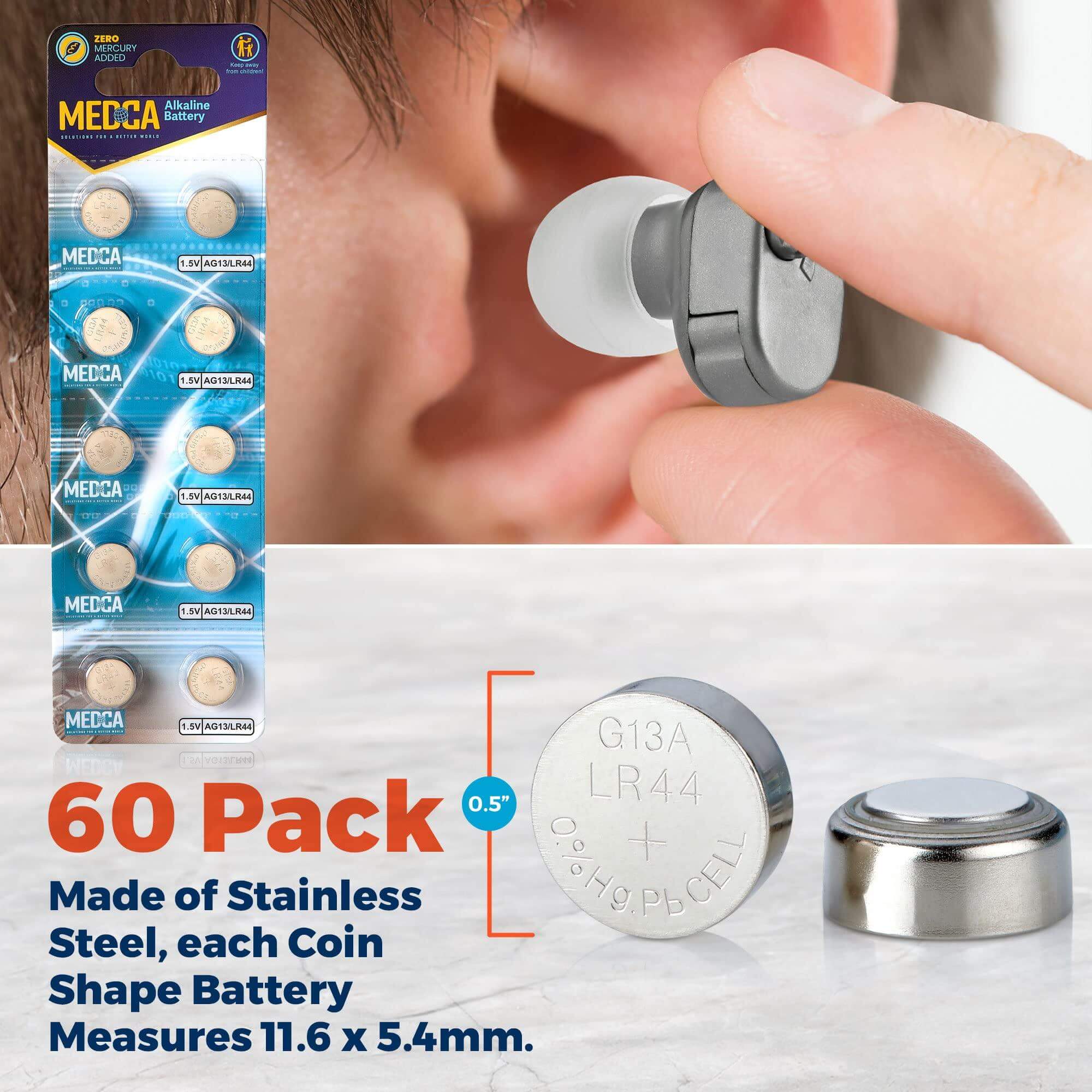 MEDca 1.5V Alkaline Batteries - LR44 L1154 AG13 357 303 SR44 Battery - Button Coin Cell for Hearing Aids and Amplifiers, Toys, Remotes, Calculators, Lasers | Long Lasting Power | Anti Corrosion | 60 PCS