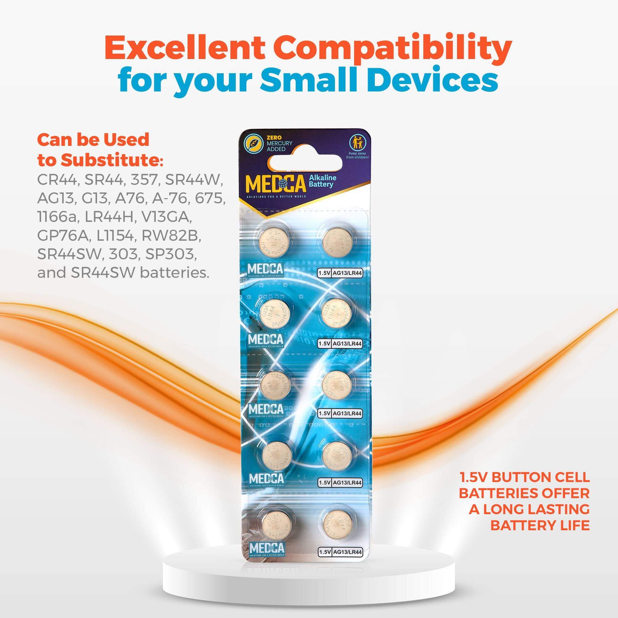 MEDca 1.5V Alkaline Batteries - LR44 L1154 AG13 357 303 SR44 Battery - Button Coin Cell for Hearing Aids and Amplifiers, Toys, Remotes, Calculators, Lasers | Long Lasting Power | Anti Corrosion | 60 PCS