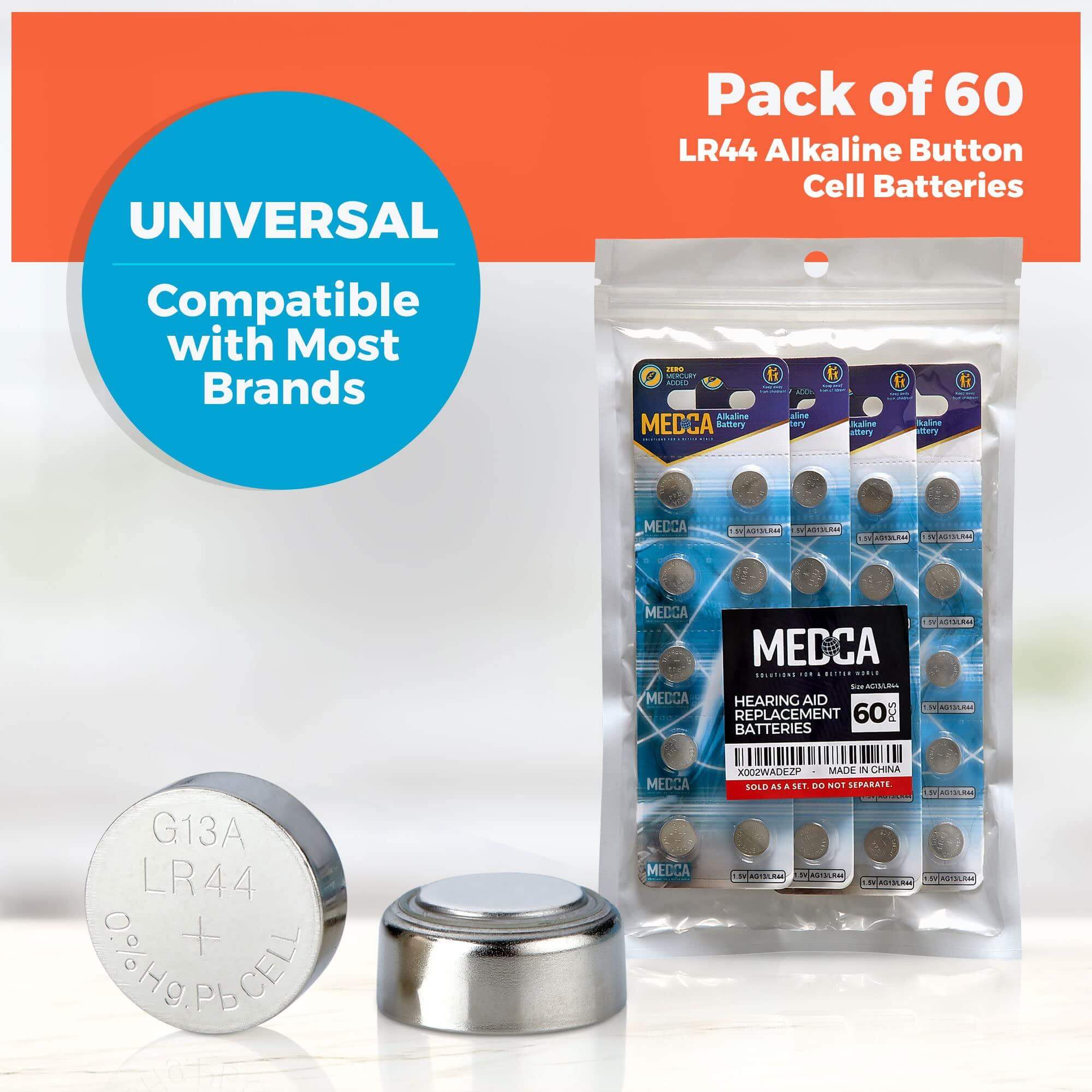 MEDca 1.5V Alkaline Batteries - LR44 L1154 AG13 357 303 SR44 Battery - Button Coin Cell for Hearing Aids and Amplifiers, Toys, Remotes, Calculators, Lasers | Long Lasting Power | Anti Corrosion | 60 PCS