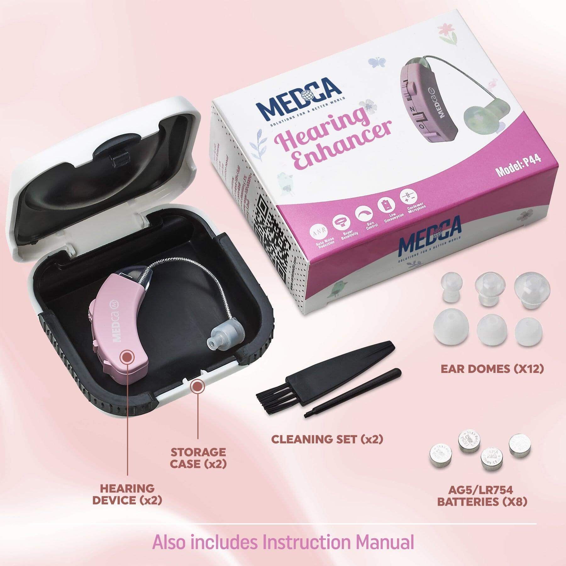 Digital Hearing Aids - Set of 2 - Best Hearing Aids That Fit Comfortable Behind the Ear for Women, Small & Discreet BTE Personal Sound Aids Pair (Pink)