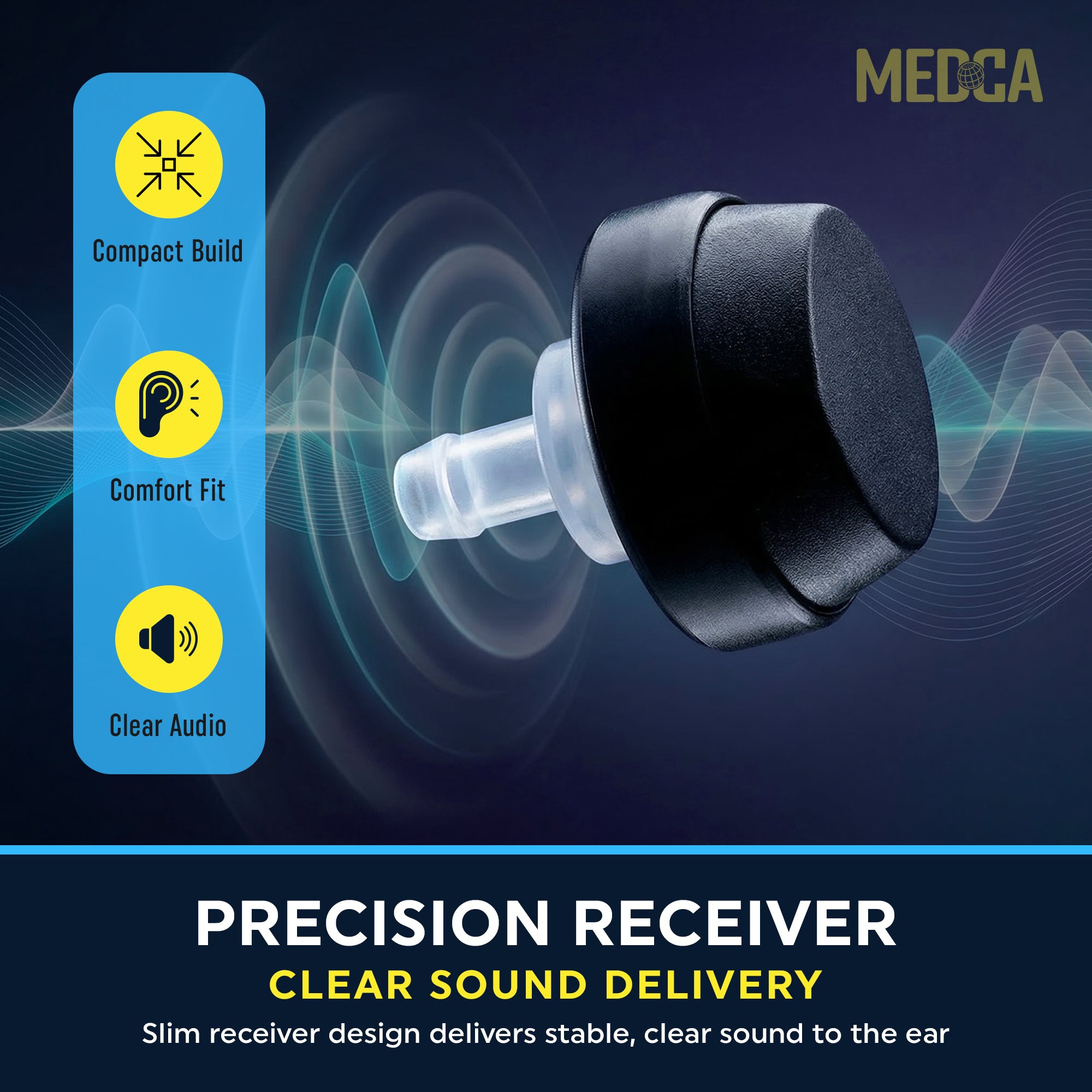 MEDca 2 Pin Hearing Aid Replacement Cord & Receiver Set - Compatible with Most Pocket Hearing Aids AVA-16 & AVA-68 Body Worn Hearing Amplifiers - 75cm Cable - Sound Amplifier Accessory & 6 Ear Domes