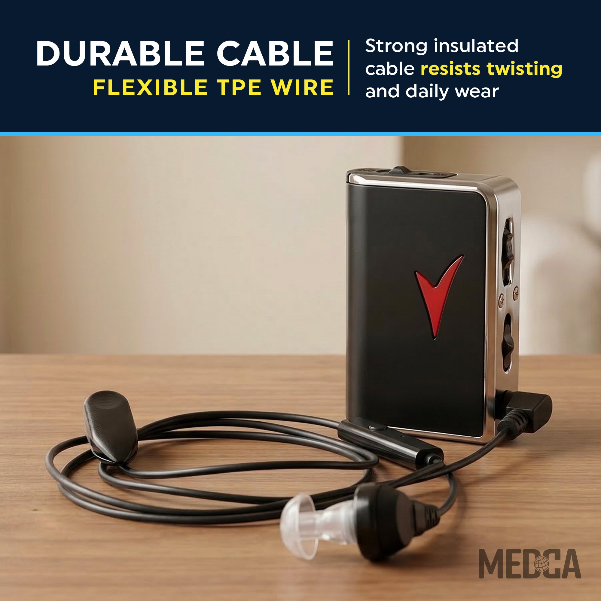 MEDca 2.5mm Hearing Aid Replacement Cord w/ 2-Pin Receiver & Earbud Set - Compatible with Pocket Hearing Aid Cable for Body Worn Sound Amplifiers - Personal Hearing Amplifier Accessory & 3 Ear Domes