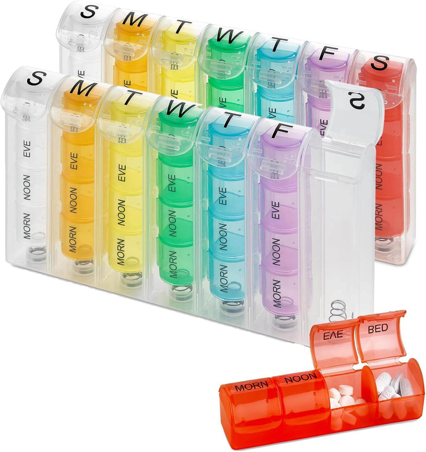 Weekly Pill Organizer - (Pack of 2) Pill Planners for Pills & Vitamins Each Day Week, Four Times-a-Day Medication Reminder, Easy to Read AM/PM Compartments Monday to Sunday for Travel & Purse