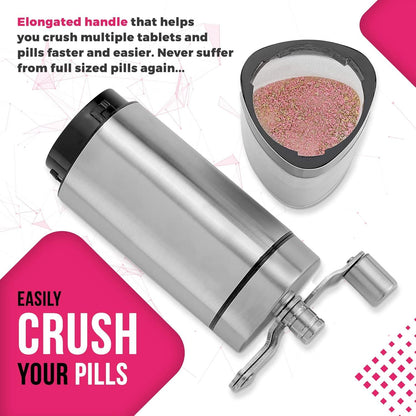 Pill Grinder - Pro Manual Pill Crusher and Cutter Crush, Grind and Pulverize Multiple Pills and Tablets to Fine Powder Use for Seniors, Feeding Tubes, Kids or Dogs, Cats, & Pets, Stainless Steel