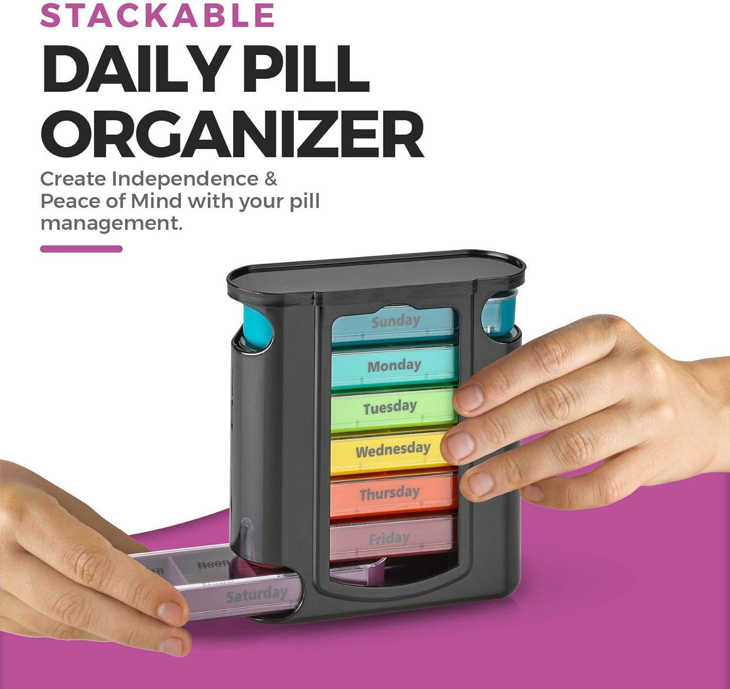 Stackable Daily Pill Organizer - 2 Pack, 4 Times a Day Weekly Medication Reminder - Premium Weekly AM/PM Pill Box with 7 Individual Stacking Cases, a Everyday Medicine Organizer for Vitamins