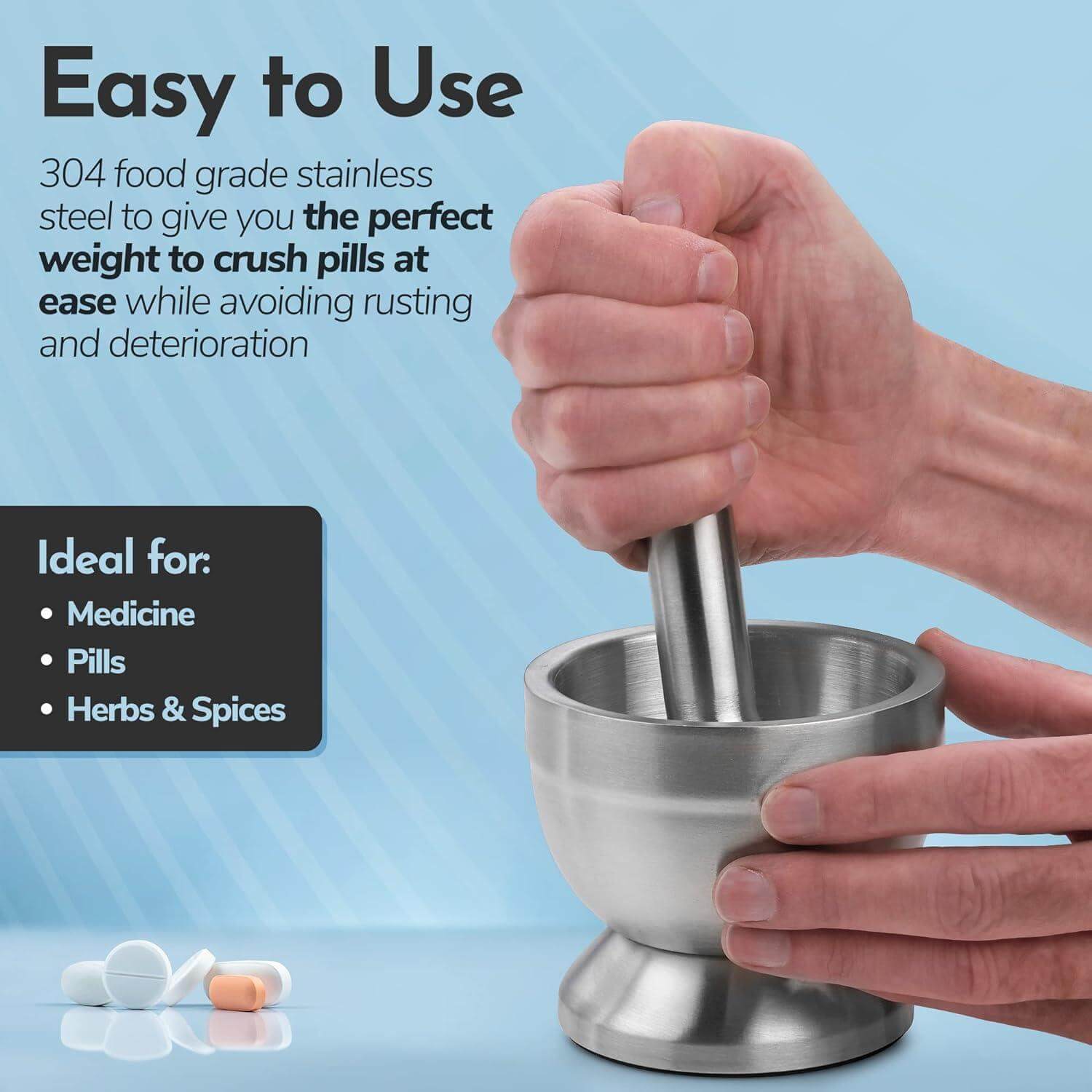 Pill Crusher - 304 Food Grade Stainless Steel Mortar and Pestle Medicine Grinder Set - Non-Slip Splitter to Easily Crush Medicine Pills Tablets Vitamins to Fine Powder for Adults, Seniors, Dogs, Pets