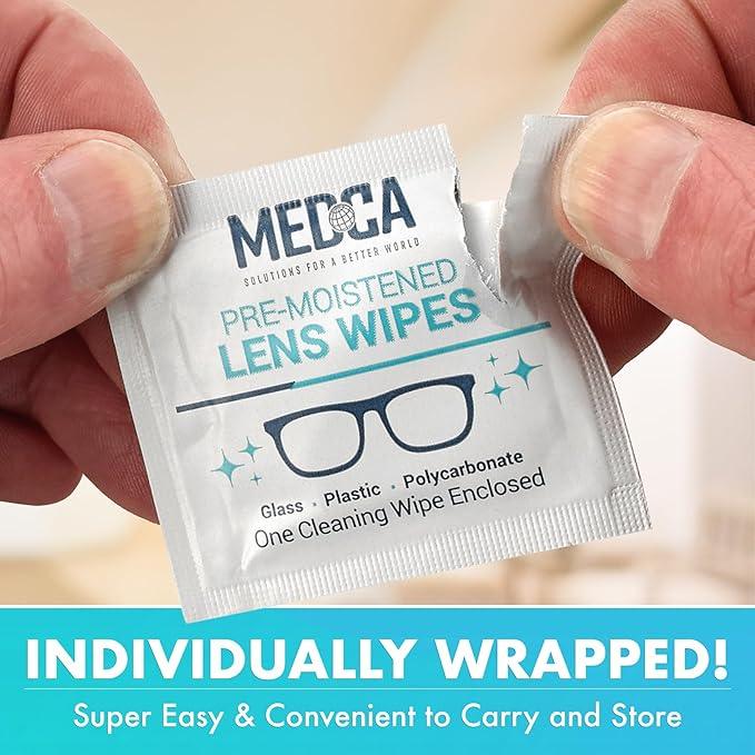 Premoistened Lens and Glass Cleaning Wipes - Portable Travel Cleaner for Glasses, Camera, Cell Phone, Smartphone, and Tablet - Disposable, Quick Drying, Streak Free - Individually Wrapped, Pack of 100