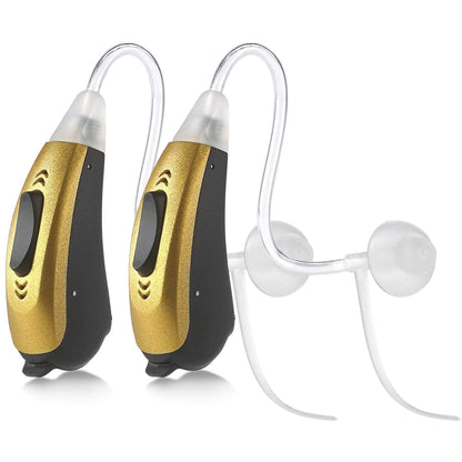 Mini BTE Slim Tube Digital Hearing Aids 2-Tone Battery Operated Personal Sound Device Set with 4 Programable Settings - Lightweight & Comfortable for Daily Use for Adult Elderly & Seniors