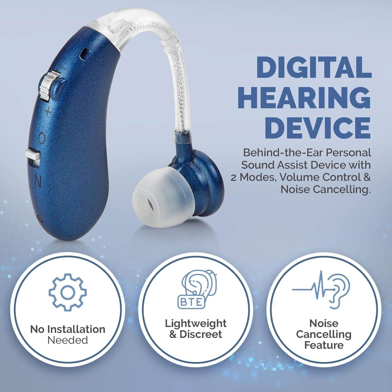 Digital Hearing Aids Pair - Rechargeable -Operated BTE Personal Sound Assist Device with 2 Modes, Volume Control & Noise Cancelling, Behind-The-Ear Aids for Adults and Seniors