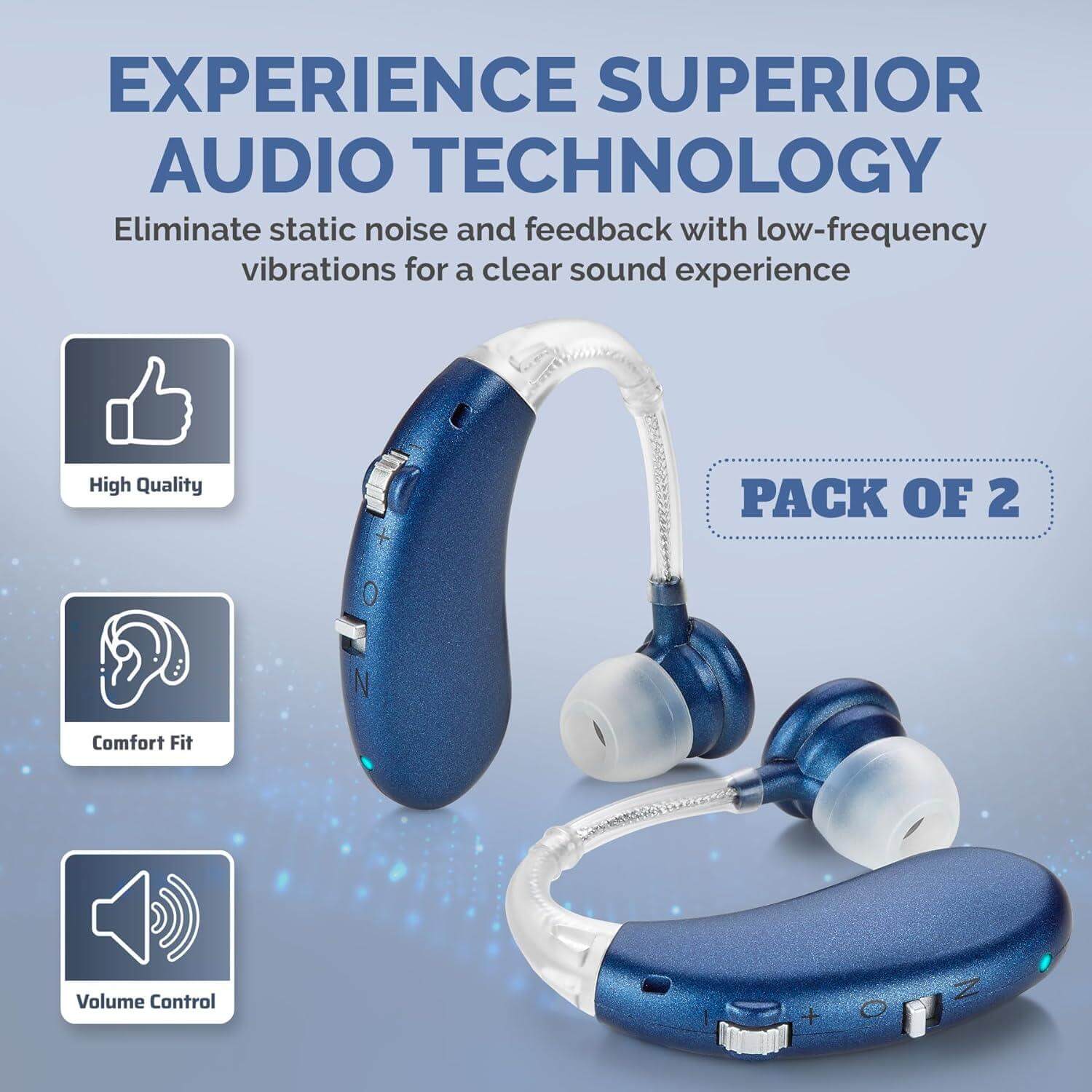 Digital Hearing Aids Pair - Rechargeable -Operated BTE Personal Sound Assist Device with 2 Modes, Volume Control & Noise Cancelling, Behind-The-Ear Aids for Adults and Seniors