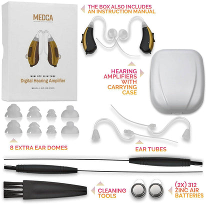 Mini BTE Slim Tube Digital Hearing Aids 2-Tone Battery Operated Personal Sound Device Set with 4 Programable Settings - Lightweight & Comfortable for Daily Use for Adult Elderly & Seniors