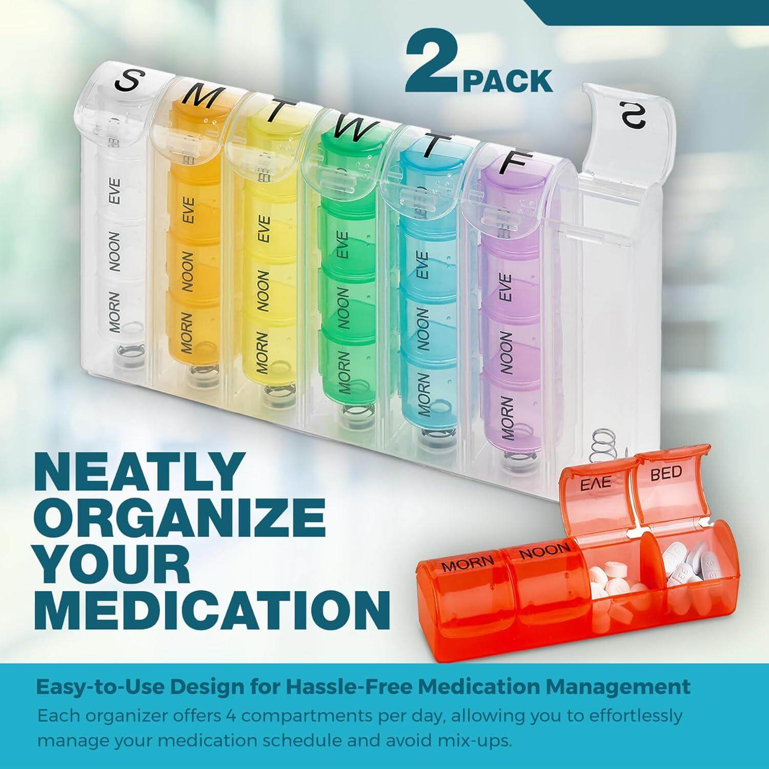 Weekly Pill Organizer - (Pack of 2) Pill Planners for Pills & Vitamins Each Day Week, Four Times-a-Day Medication Reminder, Easy to Read AM/PM Compartments Monday to Sunday for Travel & Purse