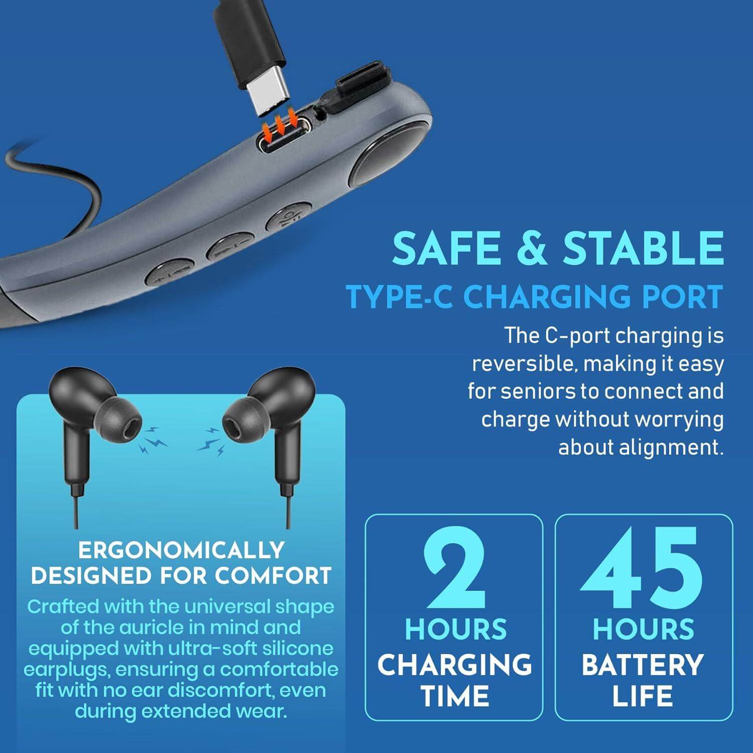 Rechargeable Hearing Aids - Wireless Hands-Free Neckband, Noise Reduction Neck Sound Amplifying Device Helps Aid Comfortable Hearing for Listening, Watching TV, Conversations for Seniors & Adults, Bluetooth