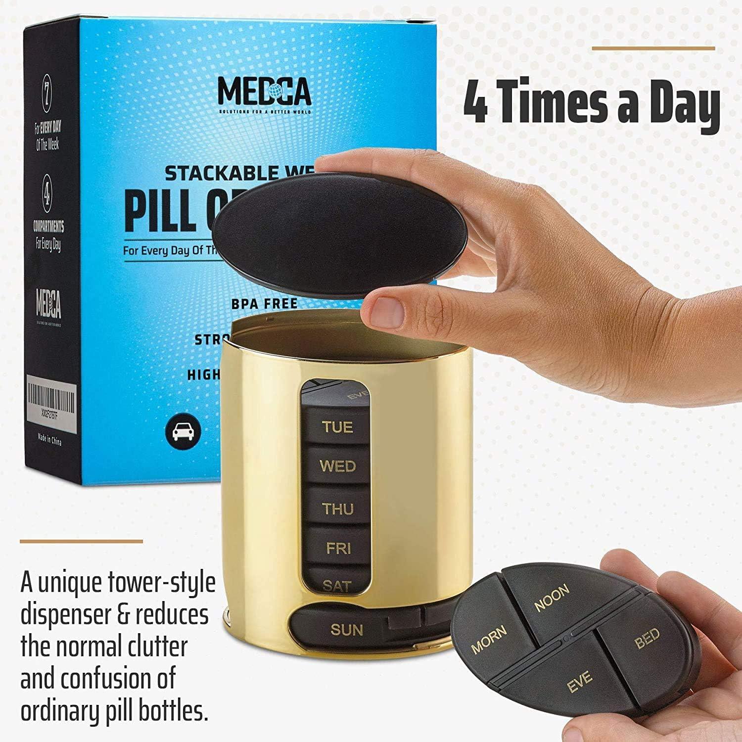 Daily Pill Organizer - (4 Times a Day) Stackable Medication Reminder - Premium Weekly AM/PM Pill Box with 7 Daily Stackable Trays and Medicine Organizer for Vitamins, Fish Oils and Supplements, Gold