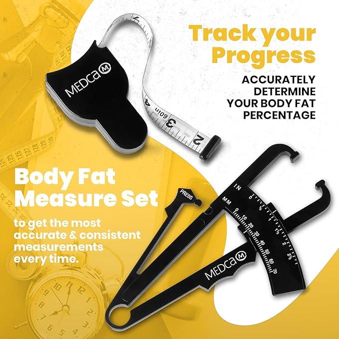 MEDca Body Fat Caliper and Measuring Tape for Body - Skinfold Calipers and Body Fat Tape Measure Tool for Accurately Measuring BMI Skin Fold Fitness and Weight-Loss, (Black)