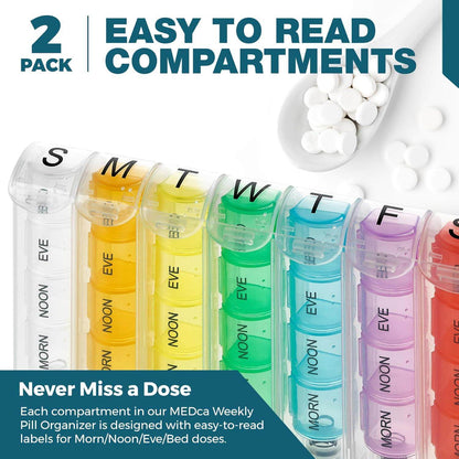 Weekly Pill Organizer - (Pack of 2) Pill Planners for Pills & Vitamins Each Day Week, Four Times-a-Day Medication Reminder, Easy to Read AM/PM Compartments Monday to Sunday for Travel & Purse