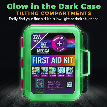 First Aid Kit - Emergency First Aid Kit and Medical Kit Exceeds ANSI Z308.1-2009 OSHA Standards, Hard Case, Wall Mount & Glows in The Dark for Offices, Home, Schools, Daycare, Construction Sites