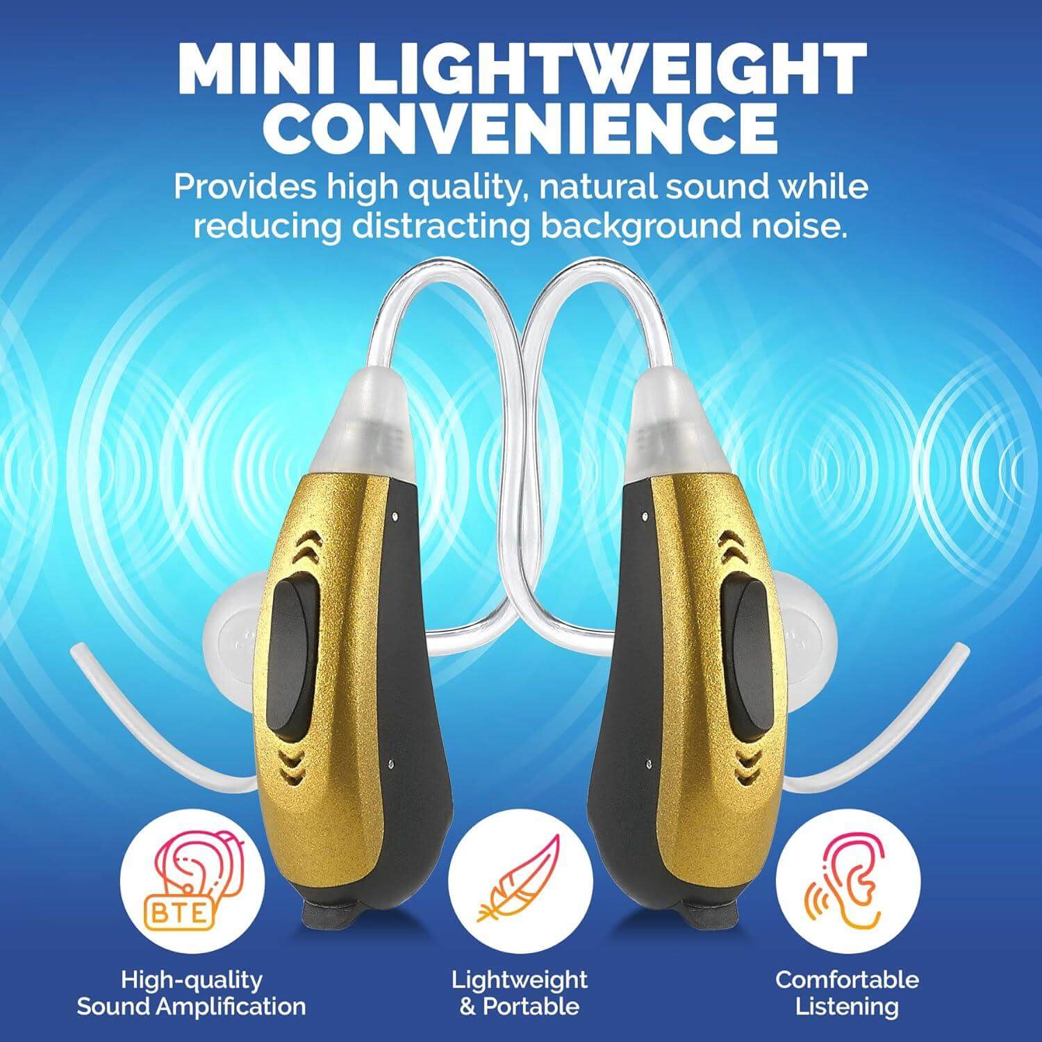 Mini BTE Slim Tube Digital Hearing Aids 2-Tone Battery Operated Personal Sound Device Set with 4 Programable Settings - Lightweight & Comfortable for Daily Use for Adult Elderly & Seniors