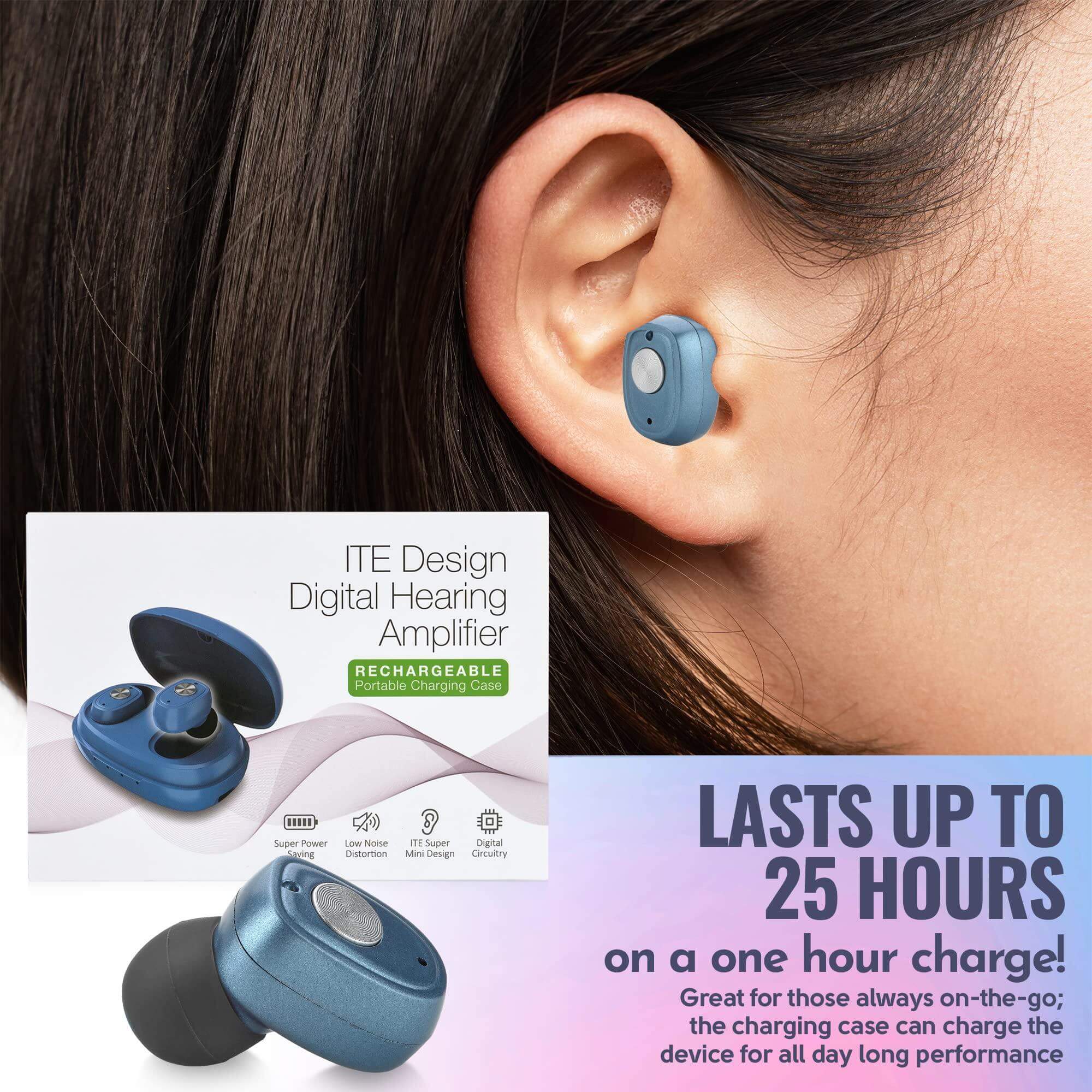 Rechargeable Hearing Aids Pair w/ Noise Cancelling, Digital Sound Device for Seniors & Adults - ITC Nano Personal Aids - One Touch Control & Low Sound Distortion Hearing Assist Device