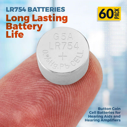 AG5 LR754 Batteries - 60 Count Pack - 1.5V Alkaline 754 LR48 193 Battery Button Coin Cell Batteries for Hearing Aids and Hearing Amplifiers