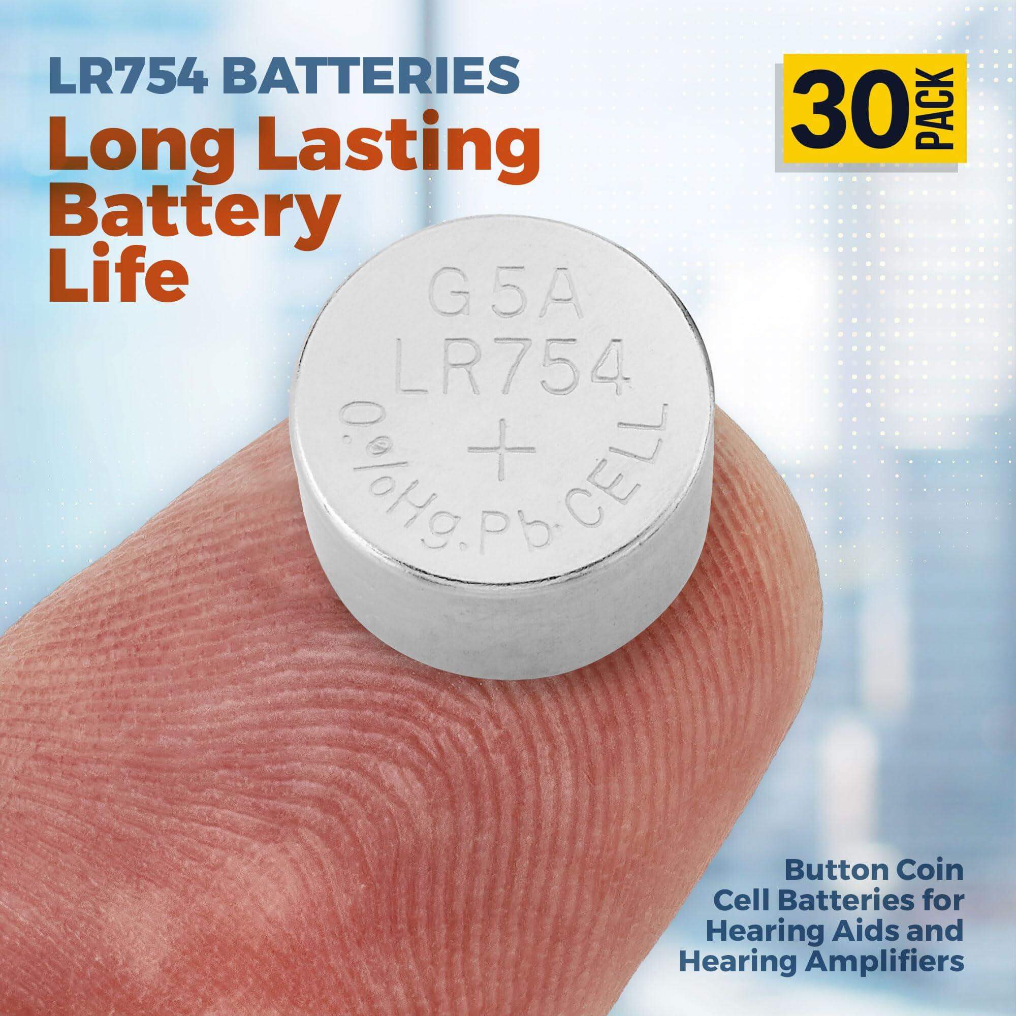 AG5 LR754 Batteries - 30 Count Pack - 1.5V Alkaline 754 LR48 193 Battery Button Coin Cell Batteries for Hearing Aids and Hearing Amplifiers