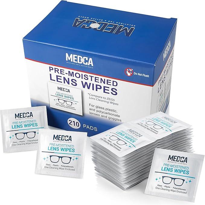 MEDca Lens Cleaning Wipes - [210 Pack] Pre Moistened Cleansing Cloths and Individually Wrapped Eyeglass Cleaner Wipe Pads for Phones, Tablet Screens