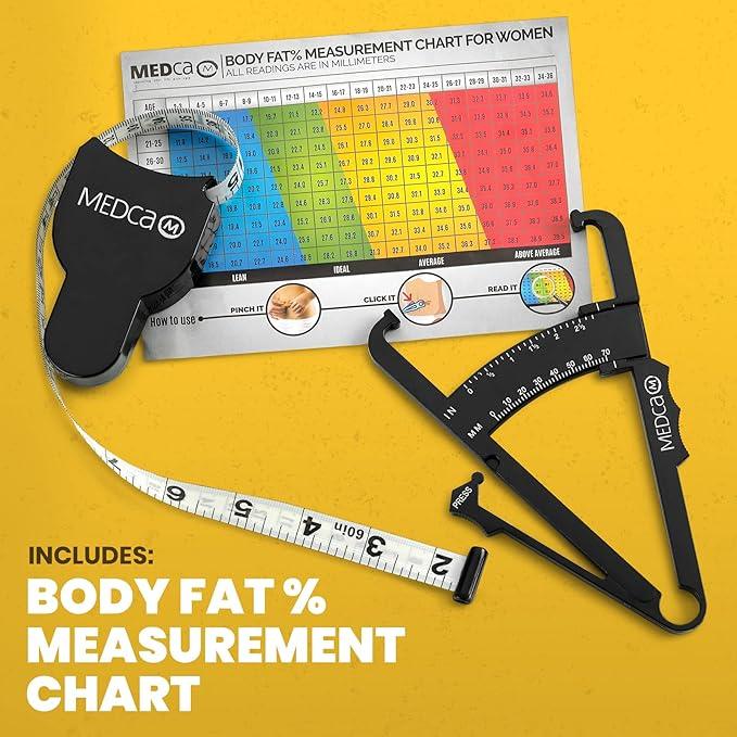 MEDca Body Fat Caliper and Measuring Tape for Body - Skinfold Calipers and Body Fat Tape Measure Tool for Accurately Measuring BMI Skin Fold Fitness and Weight-Loss, (Black)