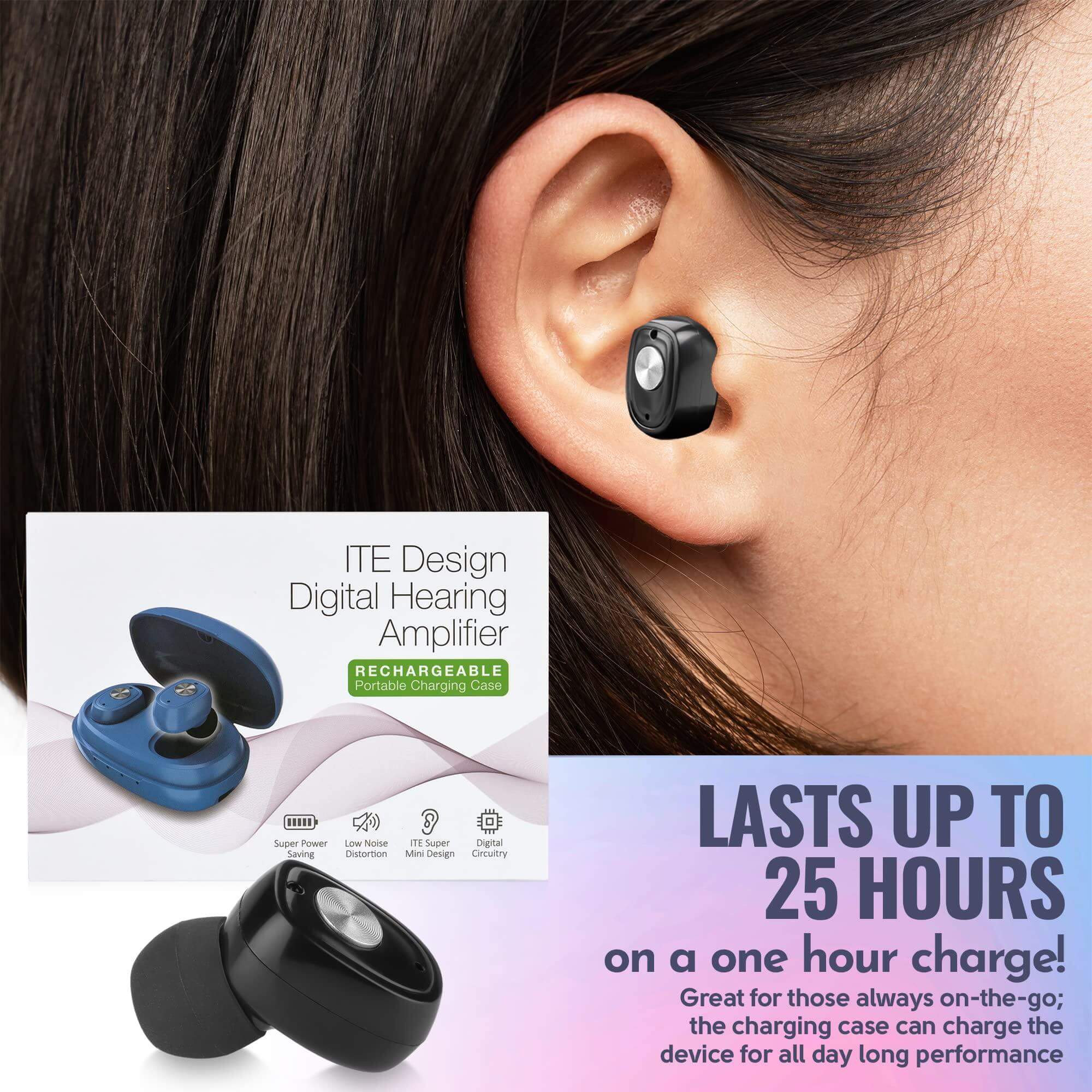 Rechargeable Hearing Aids Pair w/ Noise Cancelling, Digital Sound Device for Seniors & Adults - ITC Nano Personal Aids - One Touch Control & Low Sound Distortion Hearing Assist Device