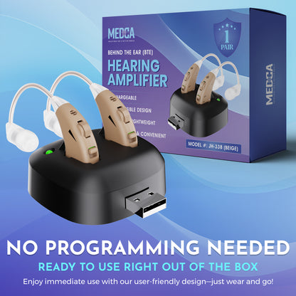 Digital Hearing Aids Set - Rechargeable Premium BTE Personal Sound Aids Pair with USB Dock, Behind The Ear Hearing Enhancement Devices with Long Lasting Battery Life