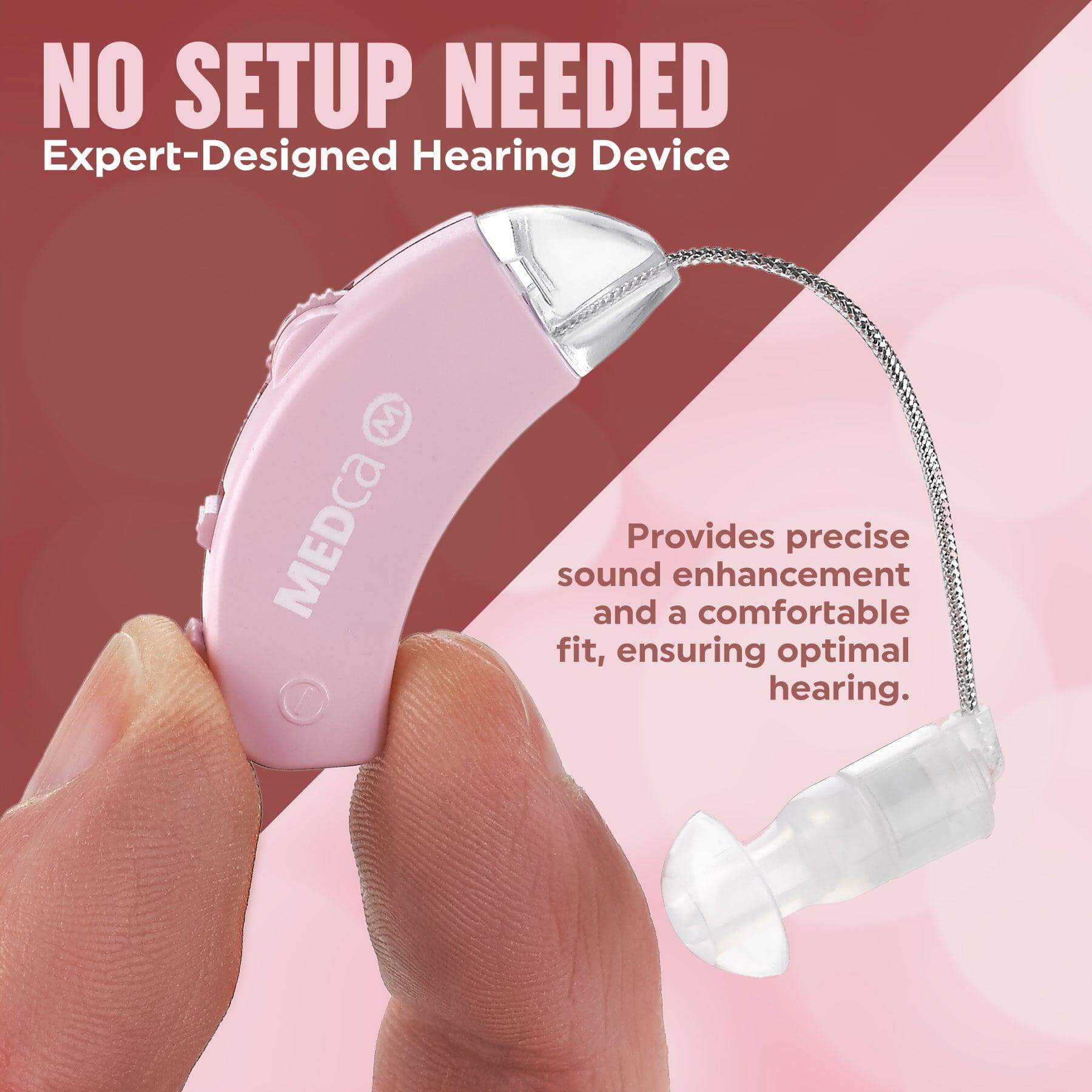 Digital Hearing Aids - Behind the Ear Sound Aids Set, BTE Hearing Ear Amplification Device and Digital Sound Enhancer PSAD for Hard of Hearing, Noise Reducing Feature, Pink by MEDca