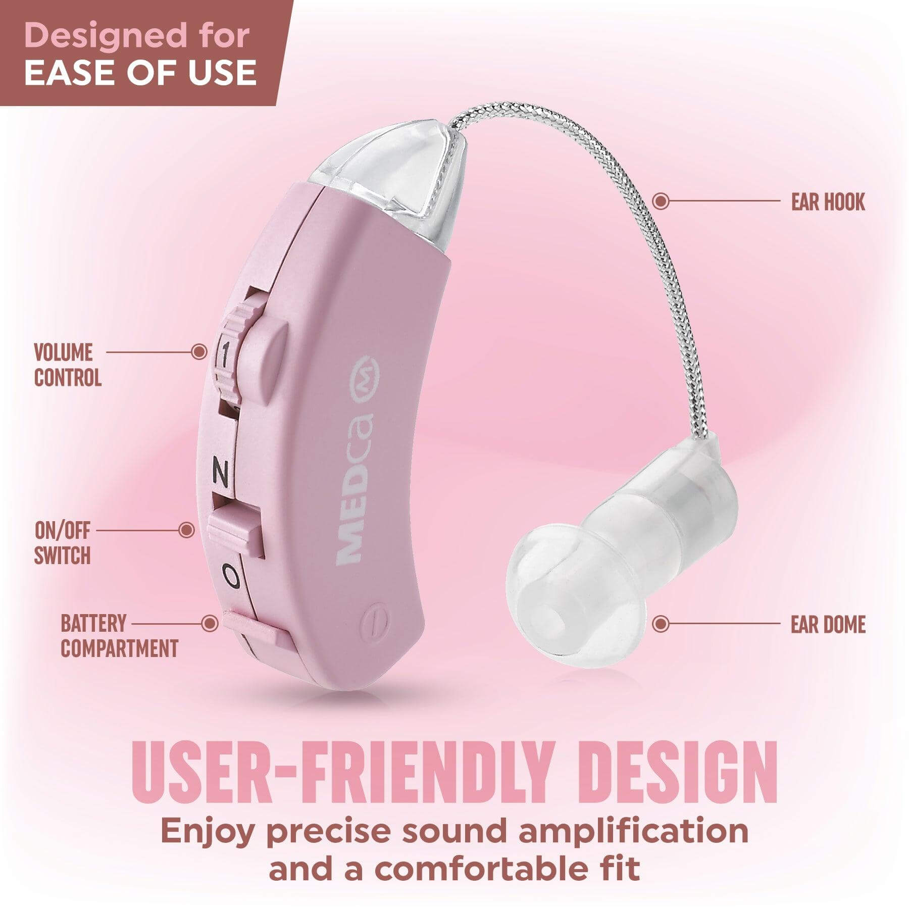 Digital Hearing Aids - Behind the Ear Sound Aids Set, BTE Hearing Ear Amplification Device and Digital Sound Enhancer PSAD for Hard of Hearing, Noise Reducing Feature, Pink by MEDca