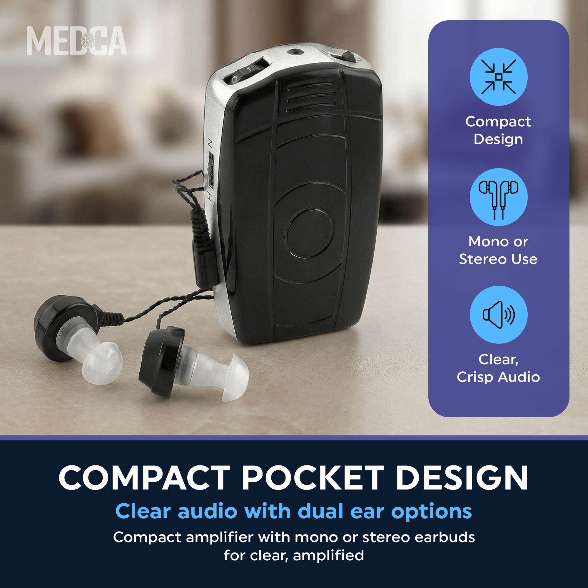 MEDca Digital Personal Sound Aids with Single and Double Ear Headphone for Adult - Black