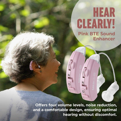 Digital Hearing Aids - Set of 2 - Best Hearing Aids That Fit Comfortable Behind the Ear for Women, Small & Discreet BTE Personal Sound Aids Pair (Pink)