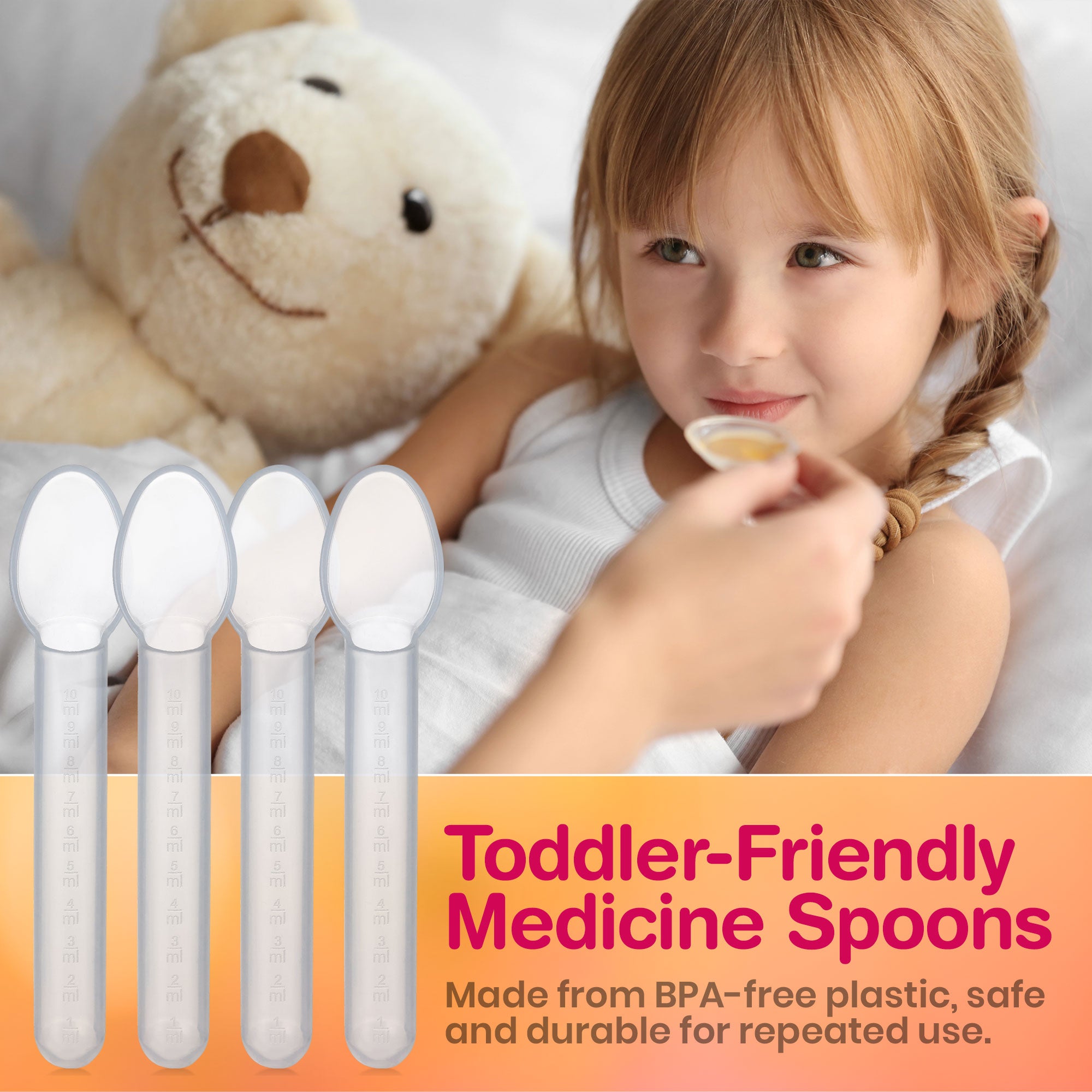 Calibrated Medicine Spoon for Kids, Baby & Toddler - (Pack of 4) - 2 Tsp/10 mL Capacity Plastic Oral Liquid Dose Medication Graduated Dispenser