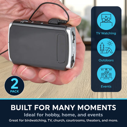 Rechargeable Personal Sound Aids - Pack of 2, Lightweight Compact Pocket Sounds Voice Enhancer Audio Hearing Device w/ Background Noise Reduction Digital Hearing for Adults and Seniors