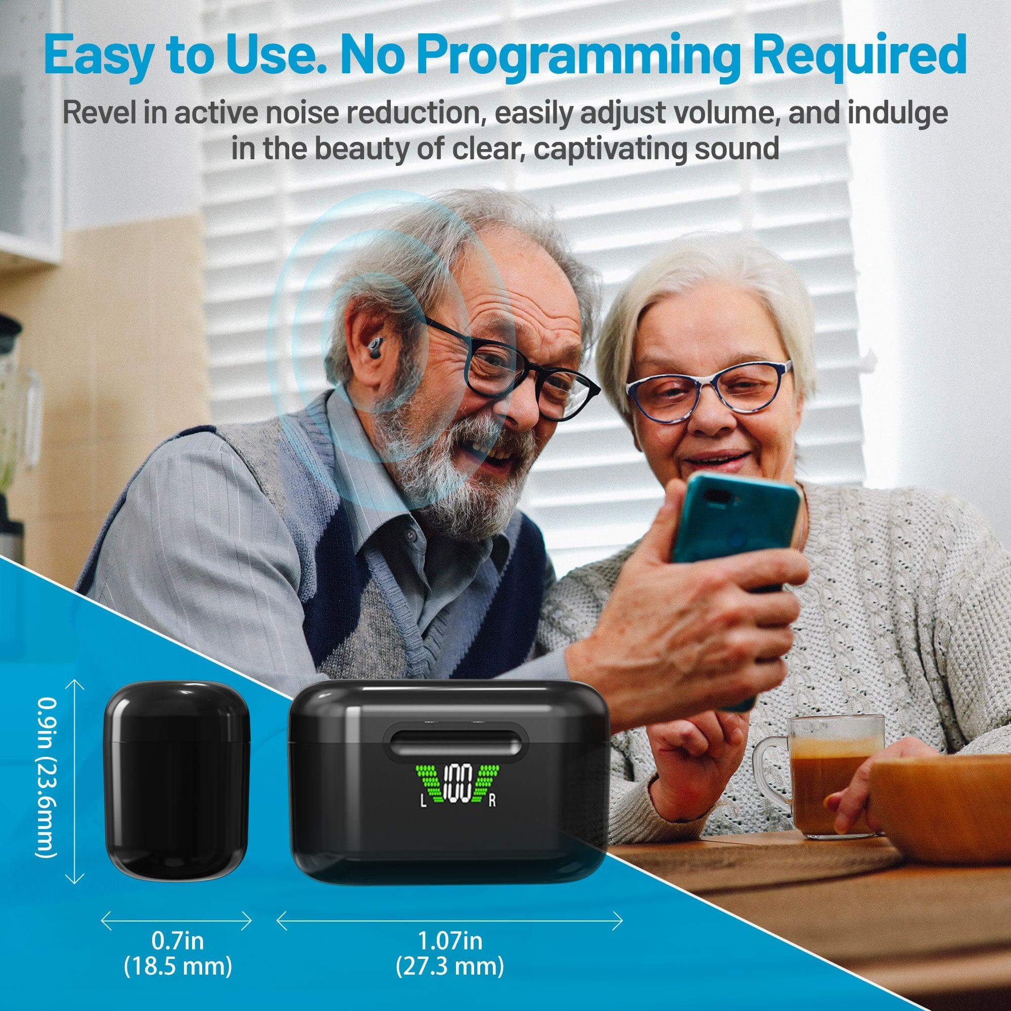 Rechargeable Hearing Aids with Bluetooth for Seniors and Adults - Digital Personal Sound Hearing Aids Pair w/ Charging HD LCD Carrying Case, Active Noise Cancelling, No-Programming, Easy to Use