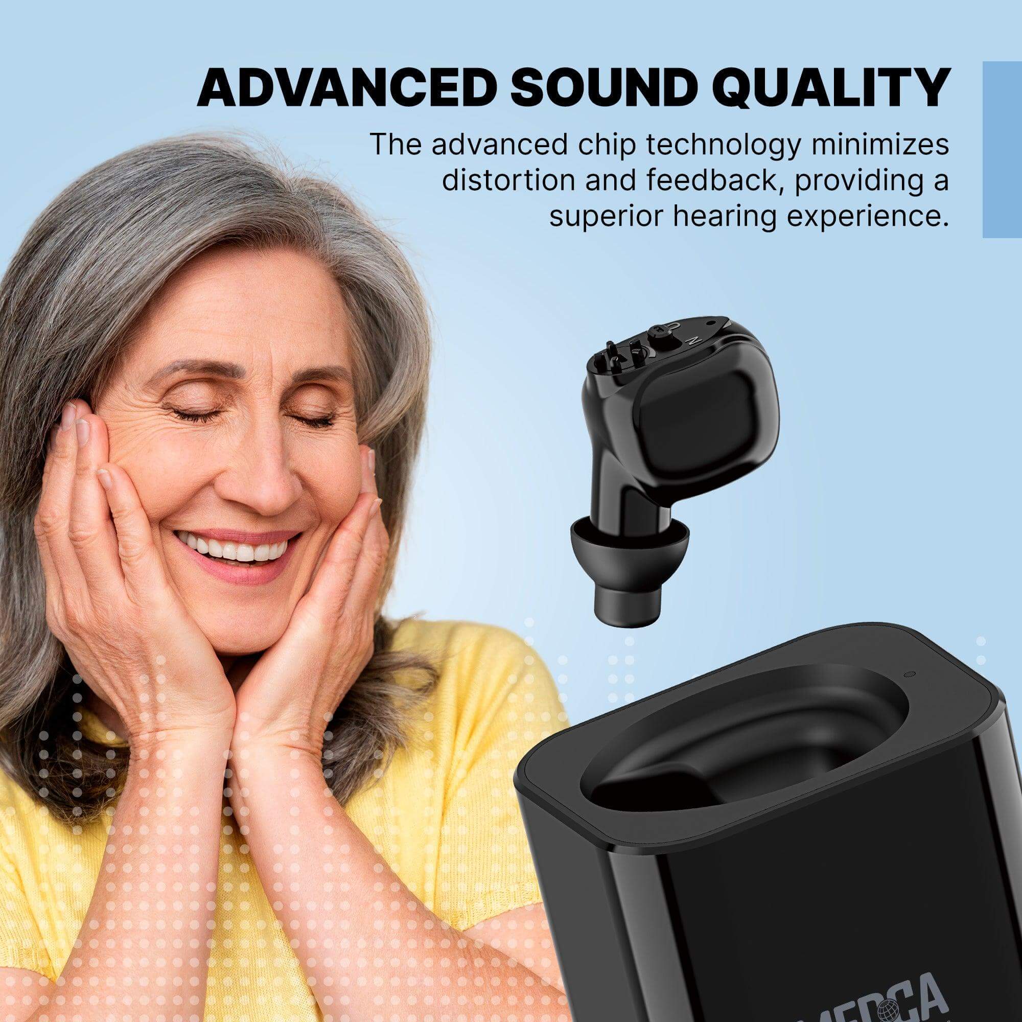 Digital Hearing Aid Rechargeable - HD Sound Hearing Aids for Adults and Seniors w/ Charging Base, Intelligent Noise Reduction - Single Hear Assist Unit for Either Right or Left Ear, Black