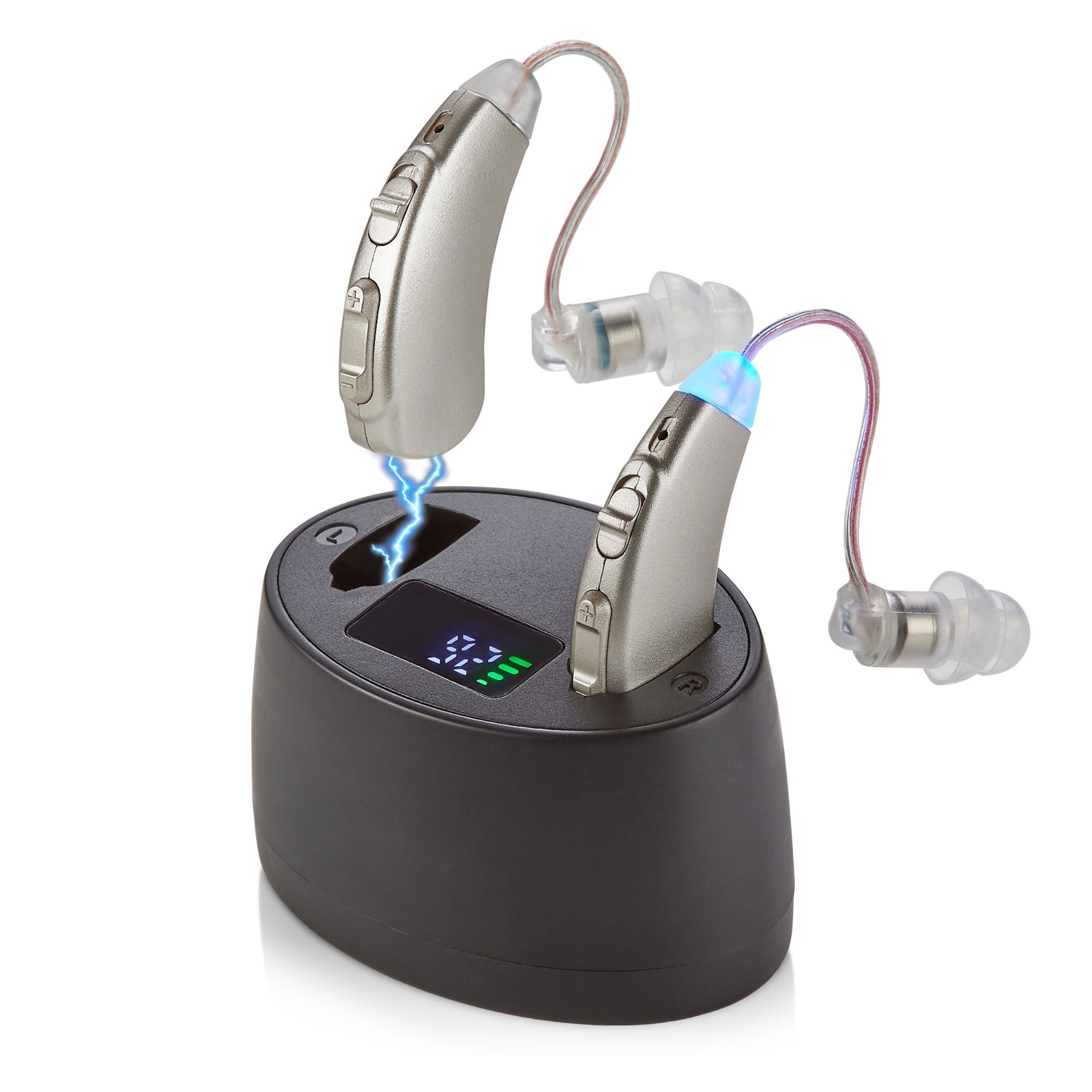 Premium Rechargeable Hearing Aids for Seniors - Behind-the-Ear Hearing Amplifier PSAP Design w/Noise Cancellation, Personal Sound Amplification Device Pair, LCD Magnetic Charging Dock