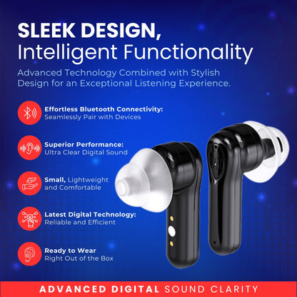 Premium Digital Hearing Aids for Seniors and Adults w/ Noise Reduction, Lightweight In-Ear Bluetooth Hearing Amplifiers, Smart App Control, Rechargeable All-Day Battery Life Magnetic LCD Charging Case