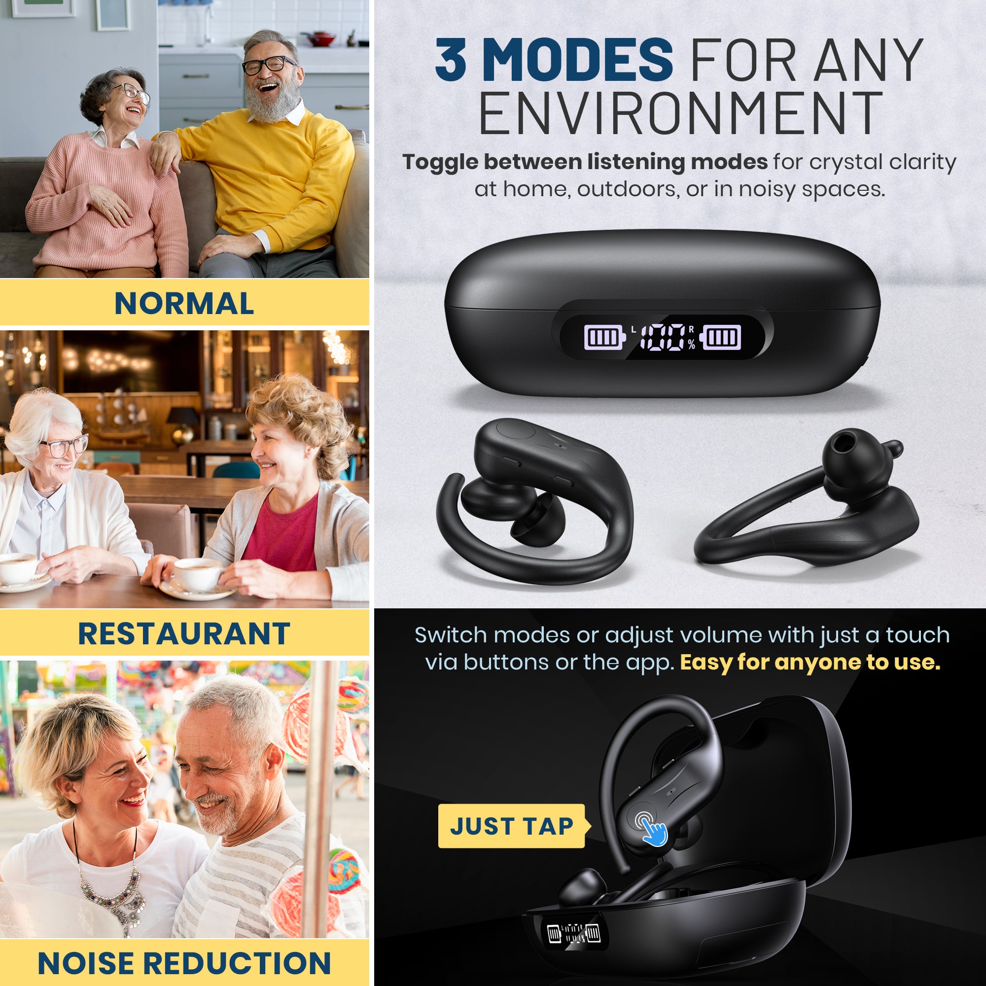 Rechargeable Bluetooth Hearing Aids for Seniors - Easy-to-Use Behind the Ear Sound Amplifier with Automatic Noise Cancelling - BTE Hearing Loss Aids for Adults Men & Women w/ LED Charging Case