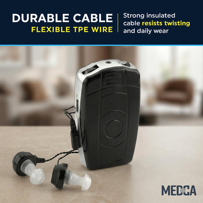 MEDca 2 Pin Hearing Aid Replacement Cord & Receiver Set - Compatible with Most Pocket Hearing Aids AVA-16 & AVA-68 Body Worn Hearing Amplifiers - 75cm Cable - Sound Amplifier Accessory & 6 Ear Domes