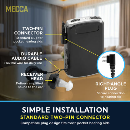 MEDca 2 Pin Hearing Aid Replacement Cord & Receiver Set - Compatible with Most Pocket Hearing Aids AVA-16 & AVA-68 Body Worn Hearing Amplifiers - 75cm Cable - Sound Amplifier Accessory & 6 Ear Domes