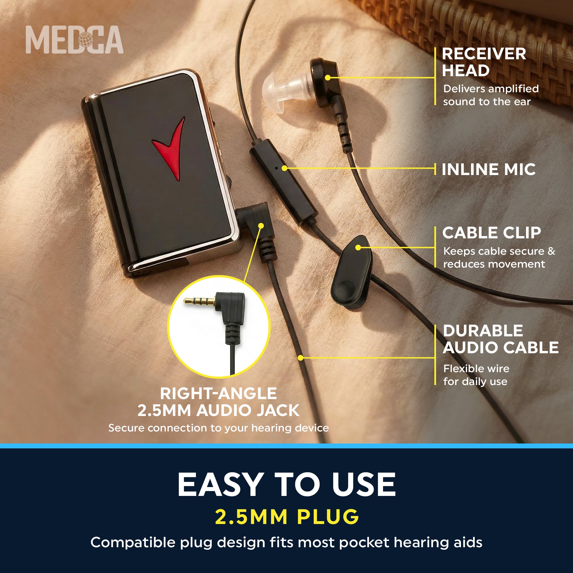 MEDca 2.5mm Hearing Aid Replacement Cord w/ 2-Pin Receiver & Earbud Set - Compatible with Pocket Hearing Aid Cable for Body Worn Sound Amplifiers - Personal Hearing Amplifier Accessory & 3 Ear Domes