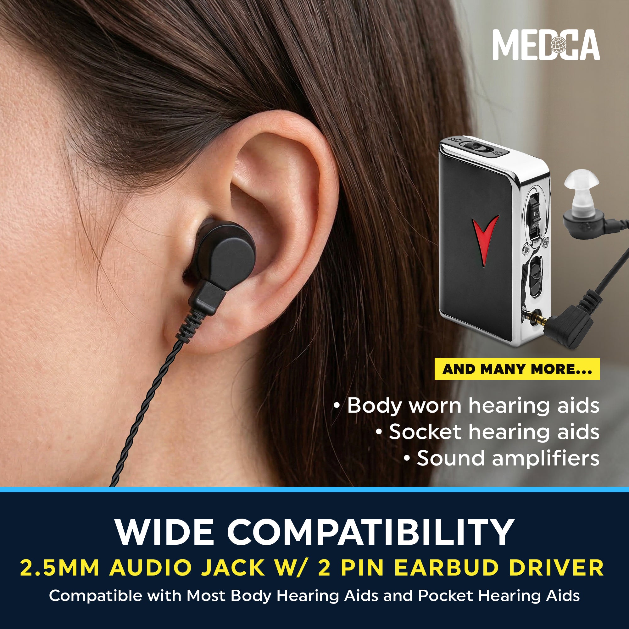 MEDca 2.5mm Hearing Aid Replacement Cord w/ 2-Pin Receiver & Earbud Set - Compatible with Pocket Hearing Aid Cable for Body Worn Sound Amplifiers - Personal Hearing Amplifier Accessory & 3 Ear Domes