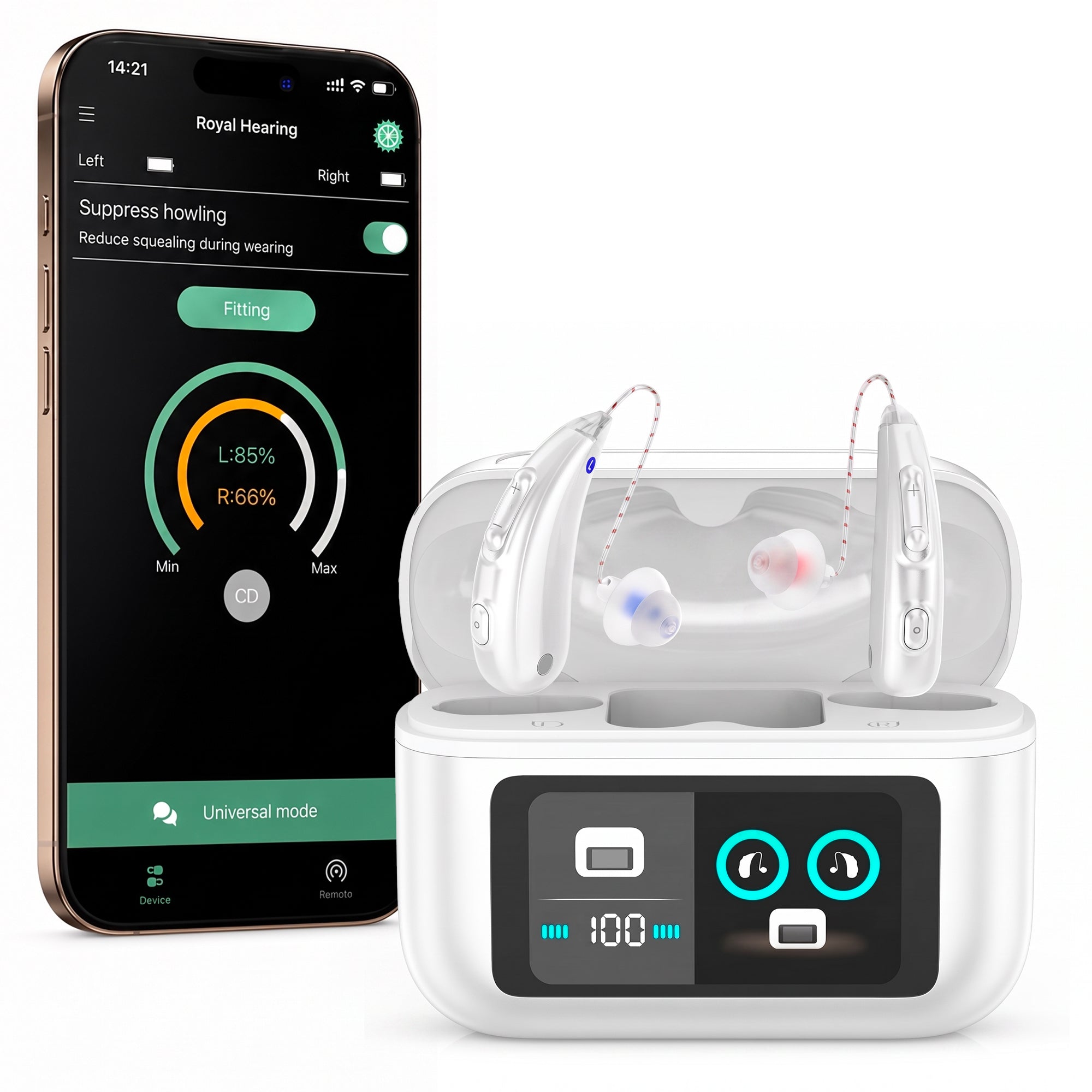 MEDca Bluetooth Hearing Amplifier for Adults - Rechargeable Personal Sound Amplifier with Smart App, Noise Reduction, LED Charging Case, 5 Volume Levels, Type-C Charging, Wireless Calls & Music
