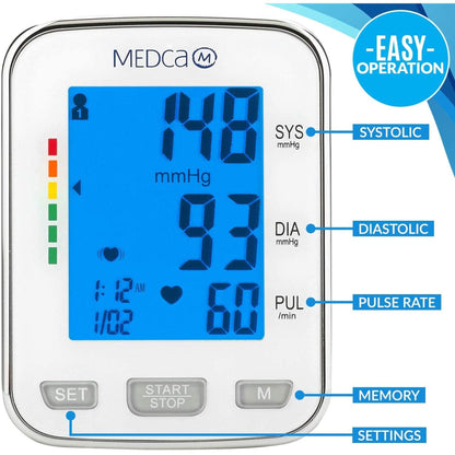 Upper Arm Blood Pressure Monitor - Large Adjustable Cuff - Automatic BP Machine with Large Backlit LCD Display and 120 Memory Readings for Fast Accurate Reading for Home Use by MEDca